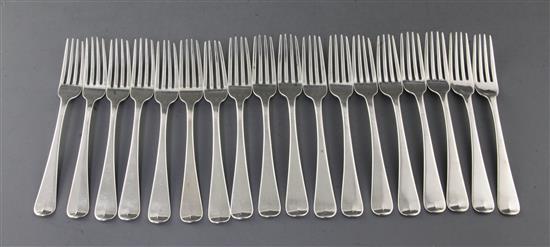 A set of eighteen George IV Irish silver Old English pattern dessert forks by Joshua Buckton, 20 oz.